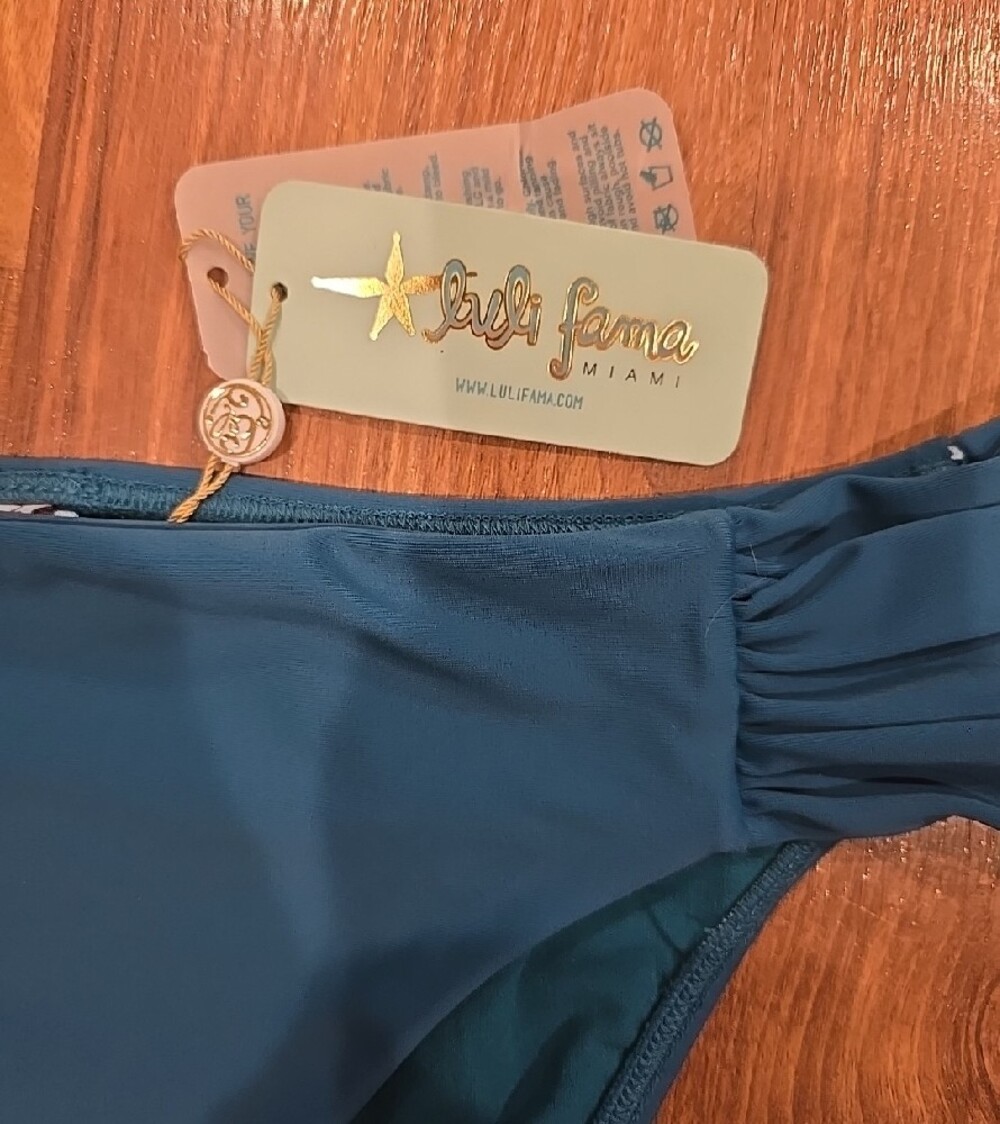 NWT Luli Fama Teal Bikini Bottom with Ruched Side Bands Size Large - Picture 2 of 4